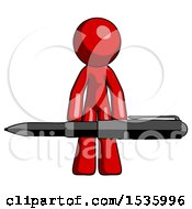 Red Design Mascot Man Weightlifting A Giant Pen