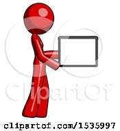 Poster, Art Print Of Red Design Mascot Woman Show Tablet Device Computer To Viewer Blank Area
