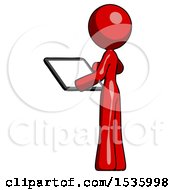 Poster, Art Print Of Red Design Mascot Woman Looking At Tablet Device Computer With Back To Viewer