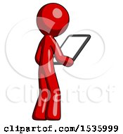 Red Design Mascot Man Looking At Tablet Device Computer Facing Away