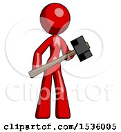 Poster, Art Print Of Red Design Mascot Woman With Sledgehammer Standing Ready To Work Or Defend