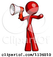 Poster, Art Print Of Red Design Mascot Woman Shouting Into Megaphone Bullhorn Facing Left