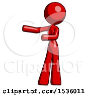 Poster, Art Print Of Red Design Mascot Woman Presenting Something To Her Right