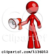 Poster, Art Print Of Red Design Mascot Woman Holding Megaphone Bullhorn Facing Right