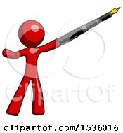 Red Design Mascot Man Pen Is Mightier Than The Sword Calligraphy Pose