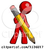 Poster, Art Print Of Red Design Mascot Man Writing With Large Pencil