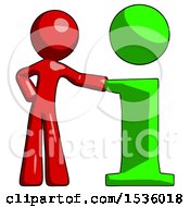 Poster, Art Print Of Red Design Mascot Man With Info Symbol Leaning Up Against It