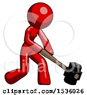 Poster, Art Print Of Red Design Mascot Woman Hitting With Sledgehammer Or Smashing Something At Angle