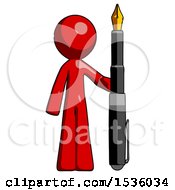 Red Design Mascot Man Holding Giant Calligraphy Pen