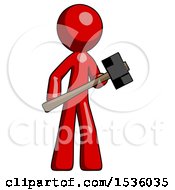 Red Design Mascot Man With Sledgehammer Standing Ready To Work Or Defend
