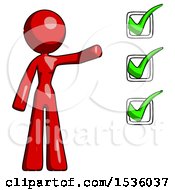 Poster, Art Print Of Red Design Mascot Woman Standing By A Checkmark List Arm Extended