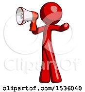 Poster, Art Print Of Red Design Mascot Man Shouting Into Megaphone Bullhorn Facing Left
