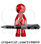 Poster, Art Print Of Red Design Mascot Woman Lifting A Giant Pen Like Weights