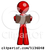 Red Design Mascot Man Reading Book While Standing Up Facing Viewer