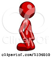 Red Design Mascot Woman Kneeling Angle View Right
