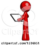 Poster, Art Print Of Red Design Mascot Man Looking At Tablet Device Computer With Back To Viewer