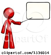 Red Design Mascot Woman Pointing At Dry-Erase Board With Stick Giving Presentation