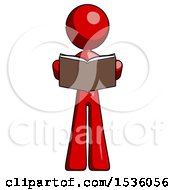 Poster, Art Print Of Red Design Mascot Woman Reading Book While Standing Up Facing Viewer