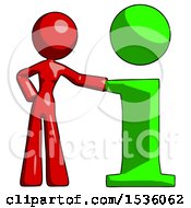 Poster, Art Print Of Red Design Mascot Woman With Info Symbol Leaning Up Against It