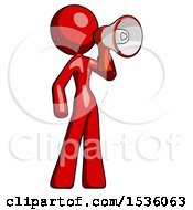 Red Design Mascot Woman Shouting Into Megaphone Bullhorn Facing Right
