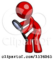 Poster, Art Print Of Red Design Mascot Man Inspecting With Large Magnifying Glass Left