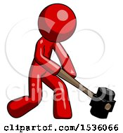 Red Design Mascot Man Hitting With Sledgehammer Or Smashing Something At Angle