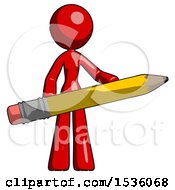 Poster, Art Print Of Red Design Mascot Woman Office Worker Or Writer Holding A Giant Pencil