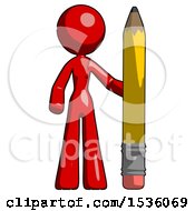 Poster, Art Print Of Red Design Mascot Woman With Large Pencil Standing Ready To Write