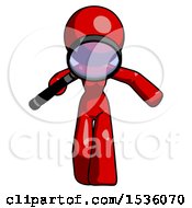 Poster, Art Print Of Red Design Mascot Woman Looking Down Through Magnifying Glass