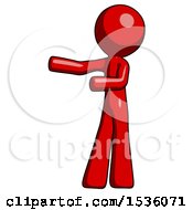 Red Design Mascot Man Presenting Something To His Right