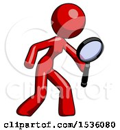 Poster, Art Print Of Red Design Mascot Woman Inspecting With Large Magnifying Glass Right