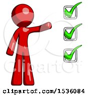 Poster, Art Print Of Red Design Mascot Man Standing By List Of Checkmarks