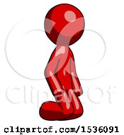 Red Design Mascot Man Kneeling Angle View Right