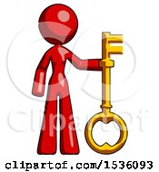 Red Design Mascot Woman Holding Key Made Of Gold