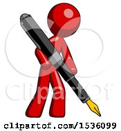 Poster, Art Print Of Red Design Mascot Man Drawing Or Writing With Large Calligraphy Pen