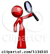 Poster, Art Print Of Red Design Mascot Woman Inspecting With Large Magnifying Glass Facing Up