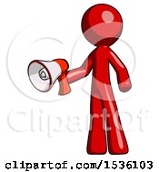 Poster, Art Print Of Red Design Mascot Man Holding Megaphone Bullhorn Facing Right
