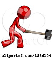 Poster, Art Print Of Red Design Mascot Woman Hitting With Sledgehammer Or Smashing Something