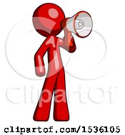 Red Design Mascot Man Shouting Into Megaphone Bullhorn Facing Right