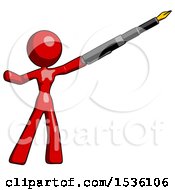 Red Design Mascot Woman Pen Is Mightier Than The Sword Calligraphy Pose