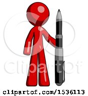 Red Design Mascot Man Holding Large Pen