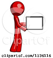 Poster, Art Print Of Red Design Mascot Man Show Tablet Device Computer To Viewer Blank Area