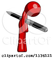 Red Design Mascot Man Impaled Through Chest With Giant Pen