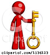 Red Design Mascot Man Holding Key Made Of Gold