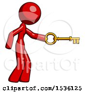 Red Design Mascot Woman With Big Key Of Gold Opening Something