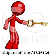 Red Design Mascot Man With Big Key Of Gold Opening Something