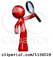 Poster, Art Print Of Red Design Mascot Man Inspecting With Large Magnifying Glass Facing Up