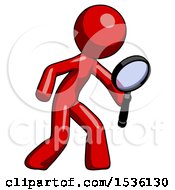 Poster, Art Print Of Red Design Mascot Man Inspecting With Large Magnifying Glass Right