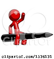 Red Design Mascot Man Riding A Pen Like A Giant Rocket