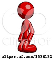 Red Design Mascot Woman Kneeling Angle View Left